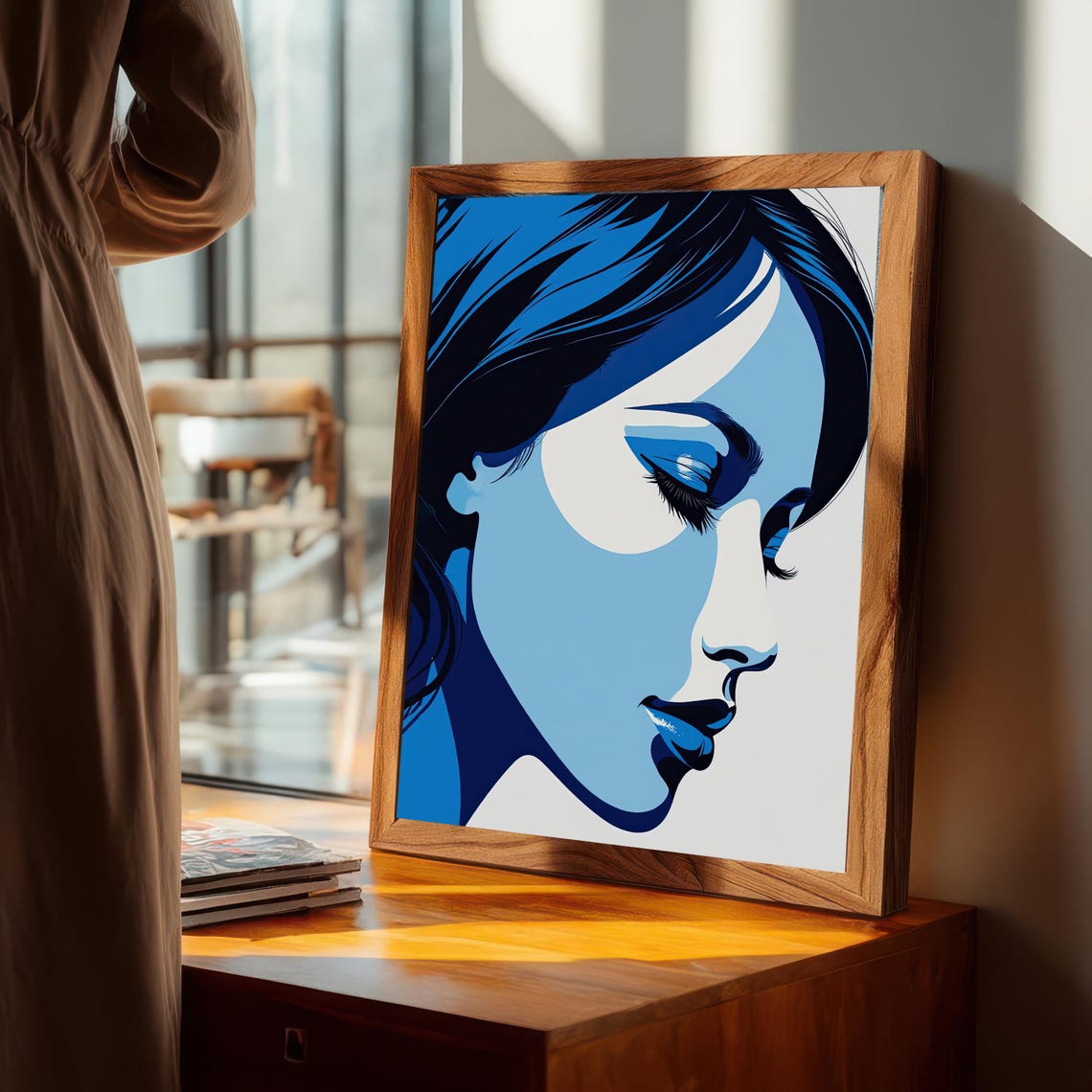 Blue Abstract Face Art Print Modern Portrait Illustration