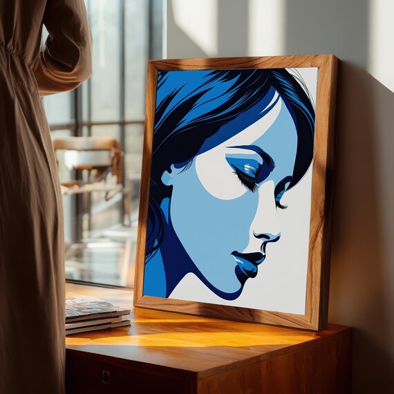 Blue Abstract Face Art Print Modern Portrait Illustration