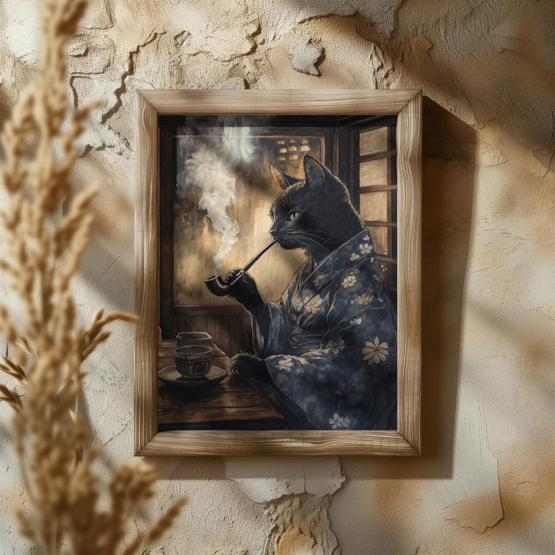 Black Cat Enjoying A Long Pipe In A Dark Floral Kimono Poster - Image 5