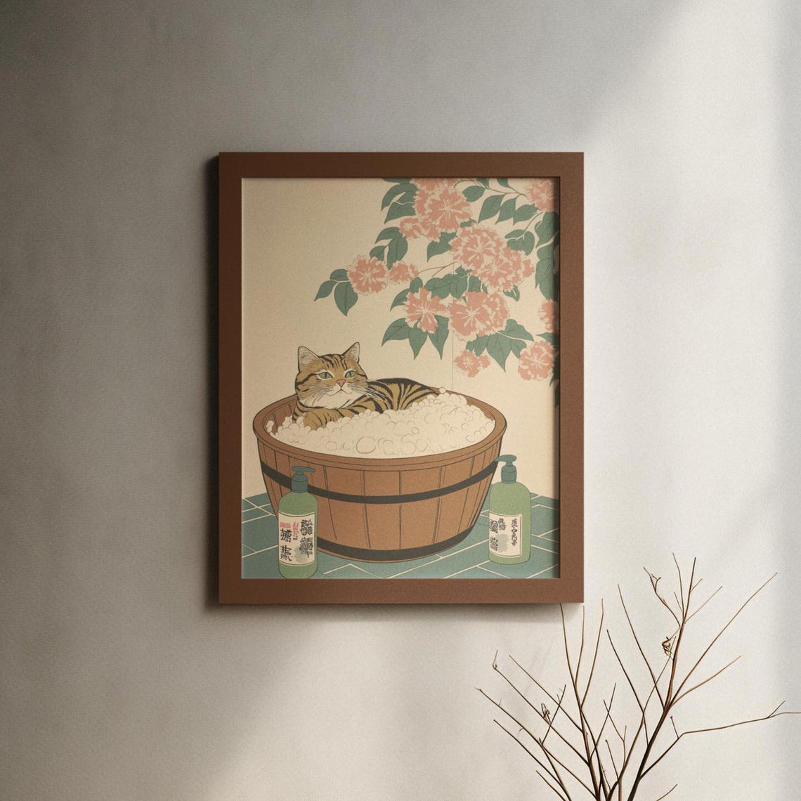Tabby Cat In Wooden Bubble Tub Under Blossom Branches Poster - Image 6