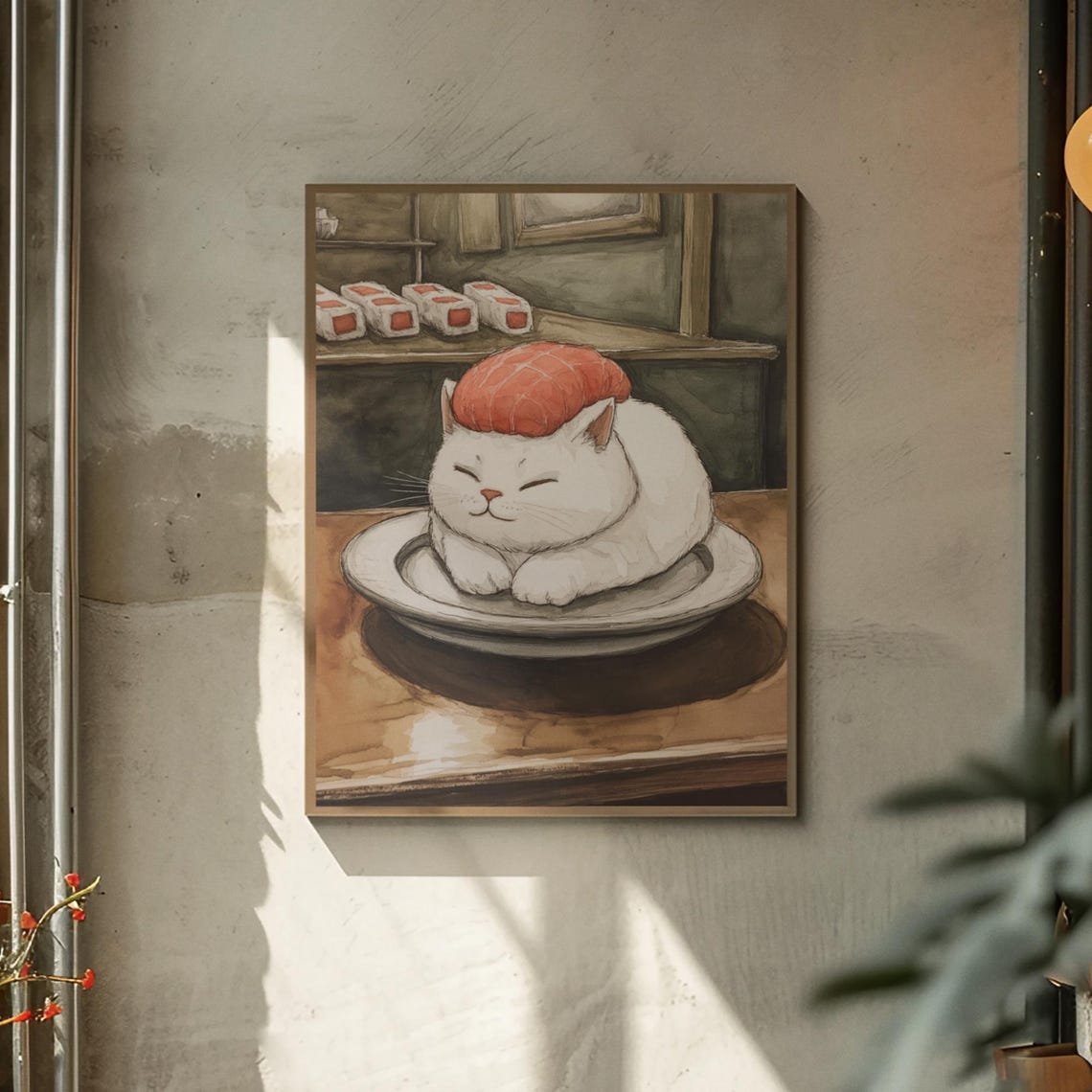 White Cat Curled Up Like Salmon Nigiri Sushi Watercolor Poster - Image 2
