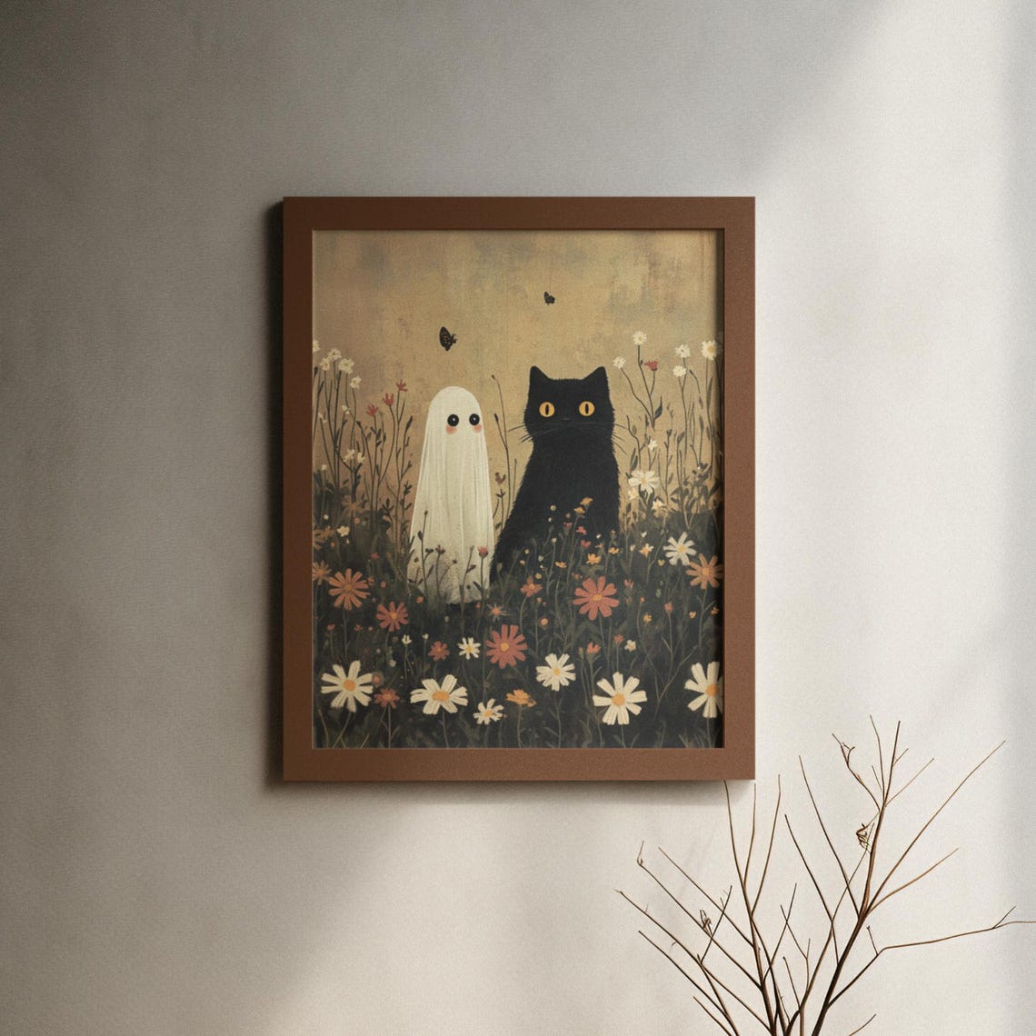 Black Cat And Cute Ghost In Wildflower Meadow Vintage Poster - Image 6