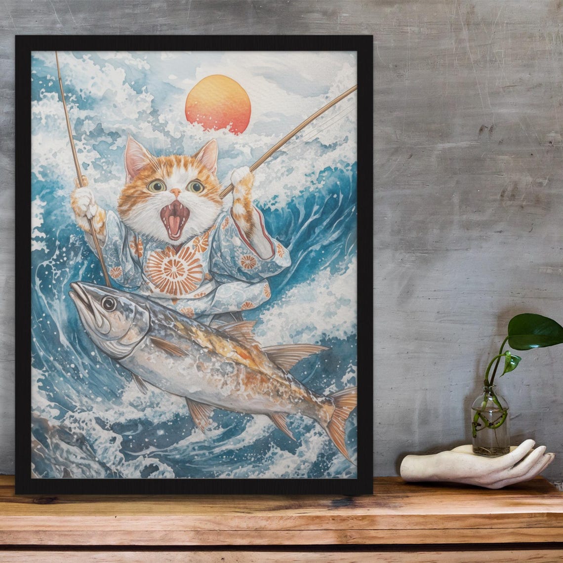 Japanese Cat Fishing Poster Stunning Watercolor Art With Ocean Waves And Giant Fish Cute Nautical Cat Wall Art Playful Fishing Scene - Image 3