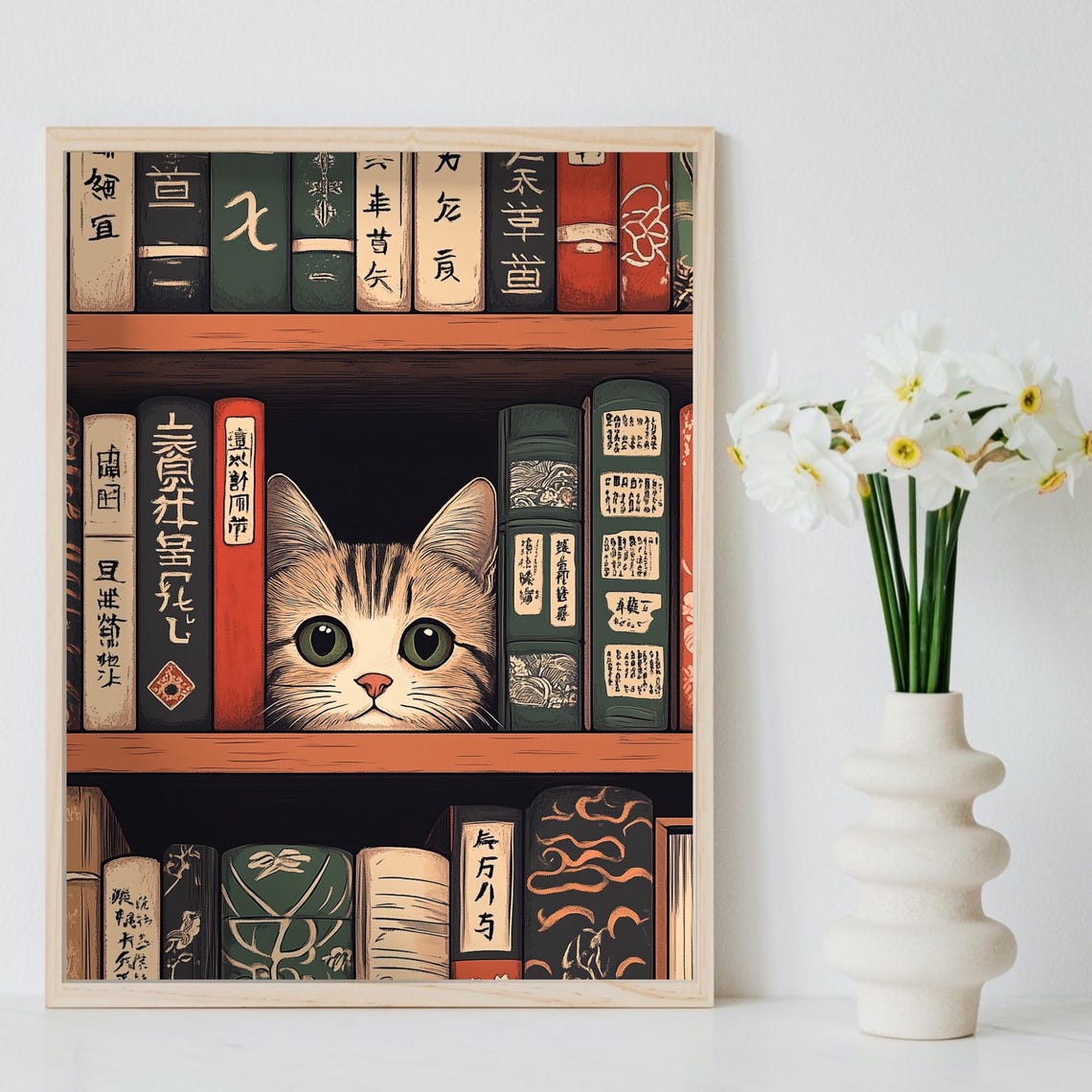 Cute Kitten Peeking From Japanese Bookshelf Vintage Art Poster - Image 8
