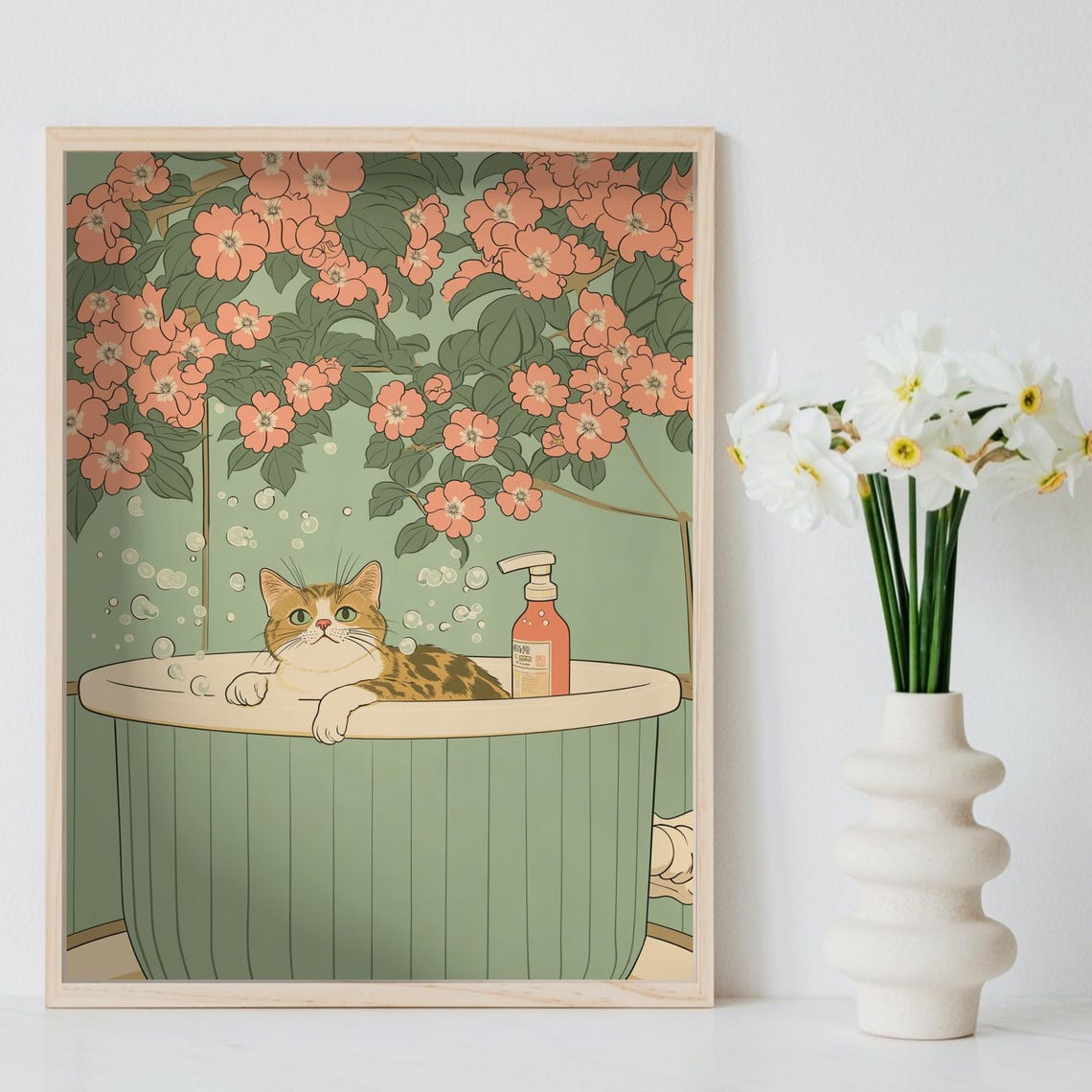 Tabby Cat Soaking In Mint Bubble Tub Under Cherry Blossom Poster - Image 8