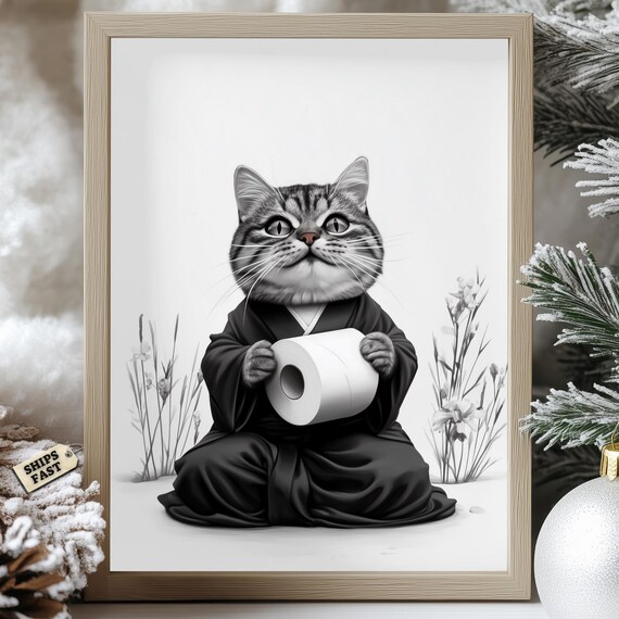 Tabby Cat In Kimono Holding A Toilet Paper Roll Bathroom Poster