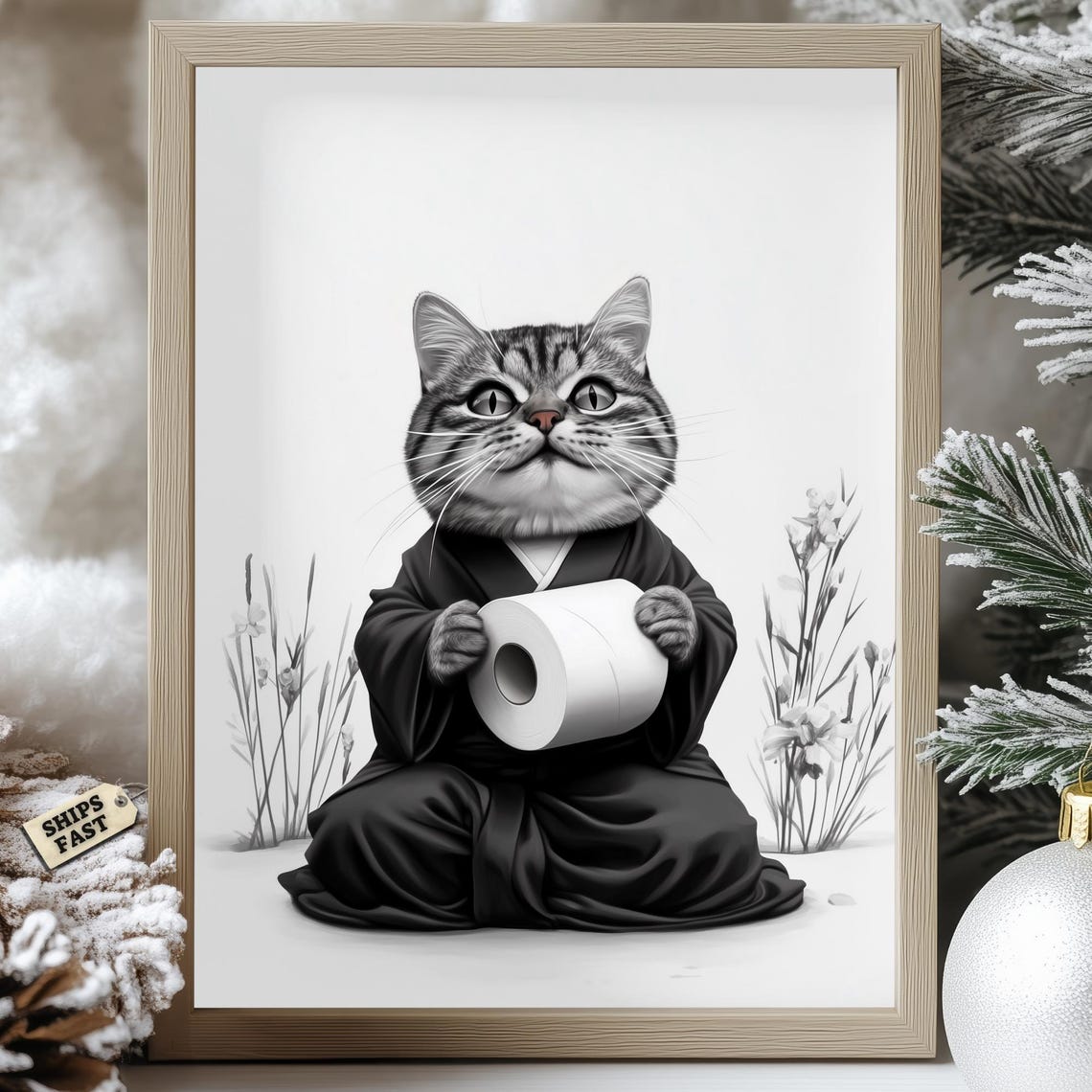 Tabby Cat In Kimono Holding A Toilet Paper Roll Bathroom Poster