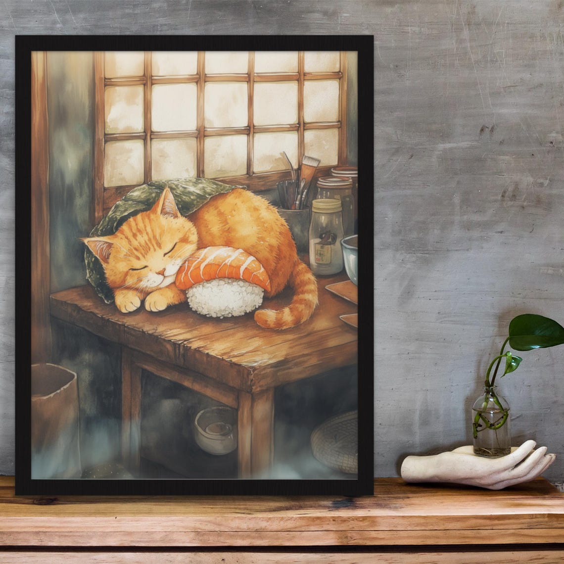 Orange Cat Sleeping Like Sushi With Salmon Slice On Counter Poster - Image 3