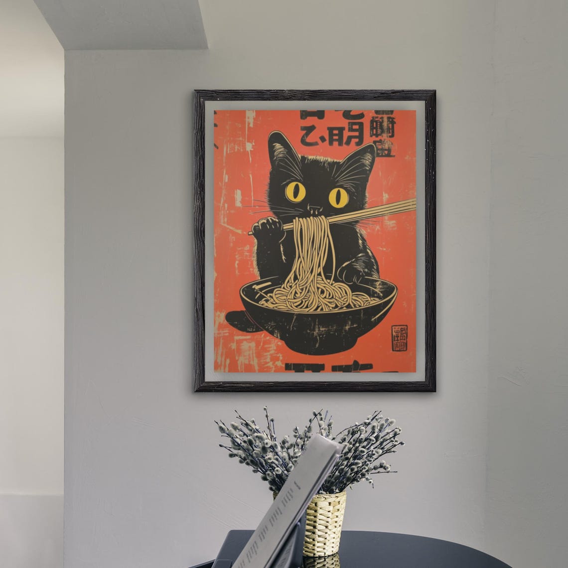 Black Cat Slurping Noodles In Woodblock Style Red Retro Poster - Image 4