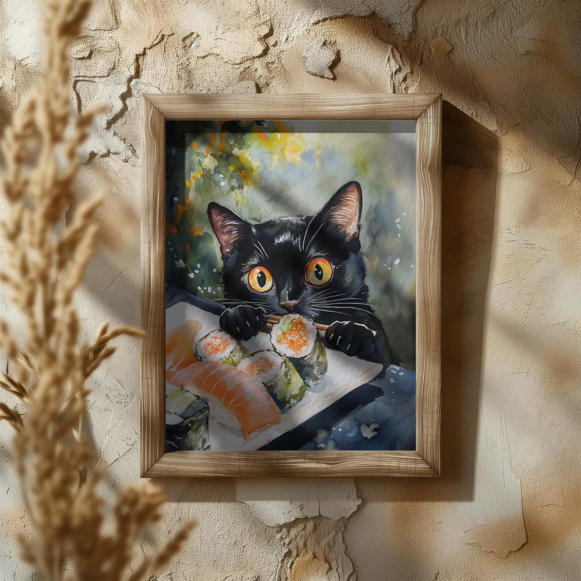 Black Cat Eyeing Sushi Plate In Loose Watercolor Style Poster - Image 5