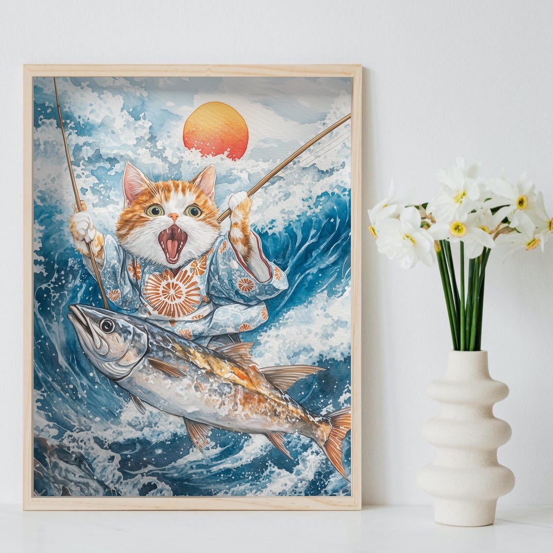 Orange Cat In Kimono Riding Giant Fish In Ocean Waves Poster - Image 8