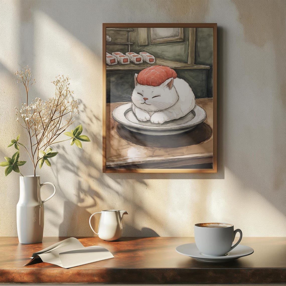 White Cat Curled Up Like Salmon Nigiri Sushi Watercolor Poster - Image 7