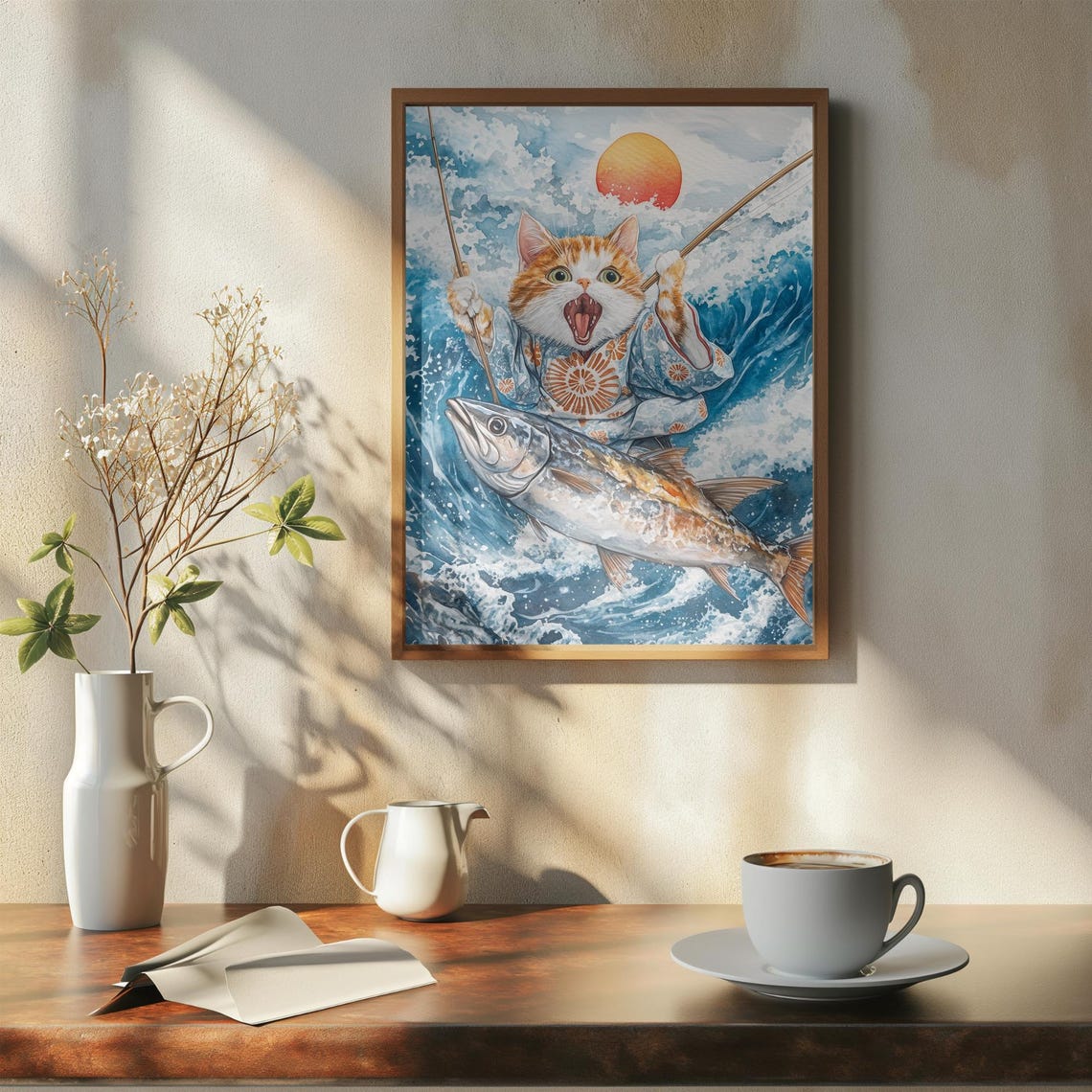 Japanese Cat Fishing Poster Stunning Watercolor Art With Ocean Waves And Giant Fish Cute Nautical Cat Wall Art Playful Fishing Scene - Image 7