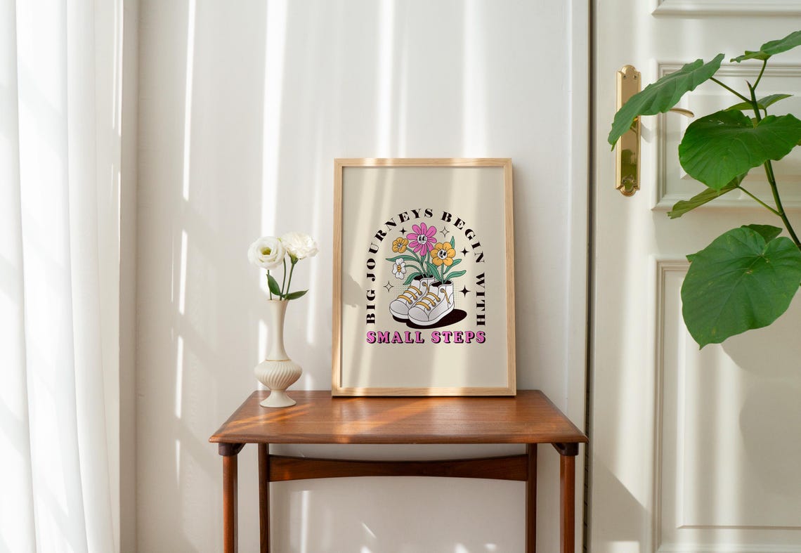 Big Journeys Begin With Small Steps Retro Groovy Quote Poster - Image 2