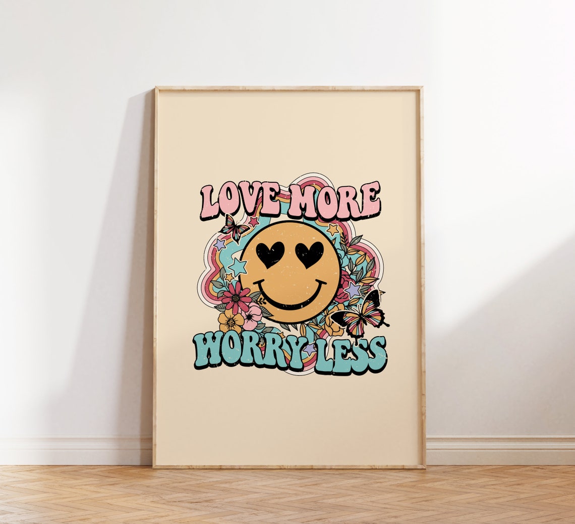 Love More Worry Less Retro Heart Eyes Smiley Groovy Quote Poster - Image 4
