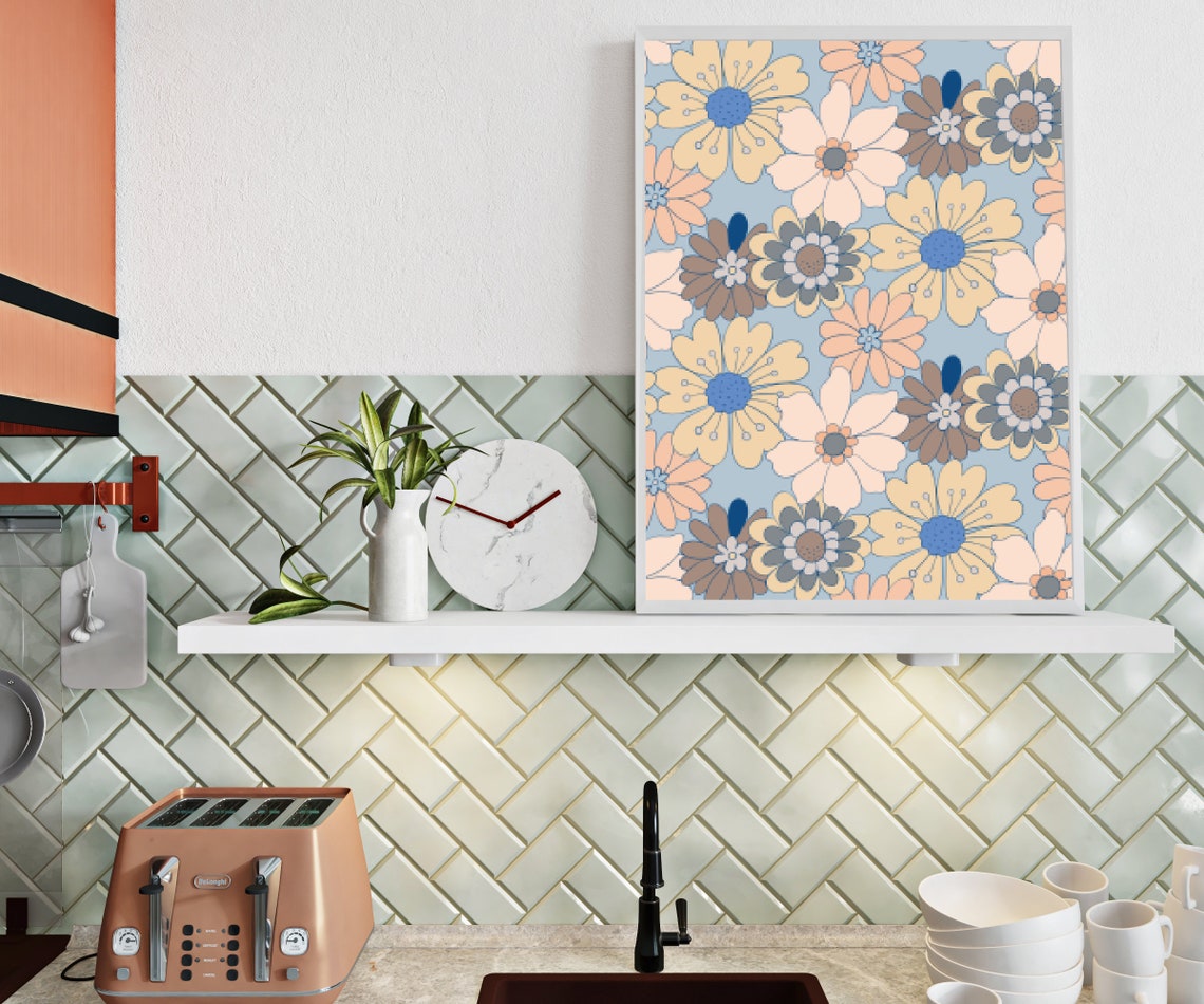 Retro 70s Floral Pattern Blue Pink Yellow Flower Power Poster - Image 3