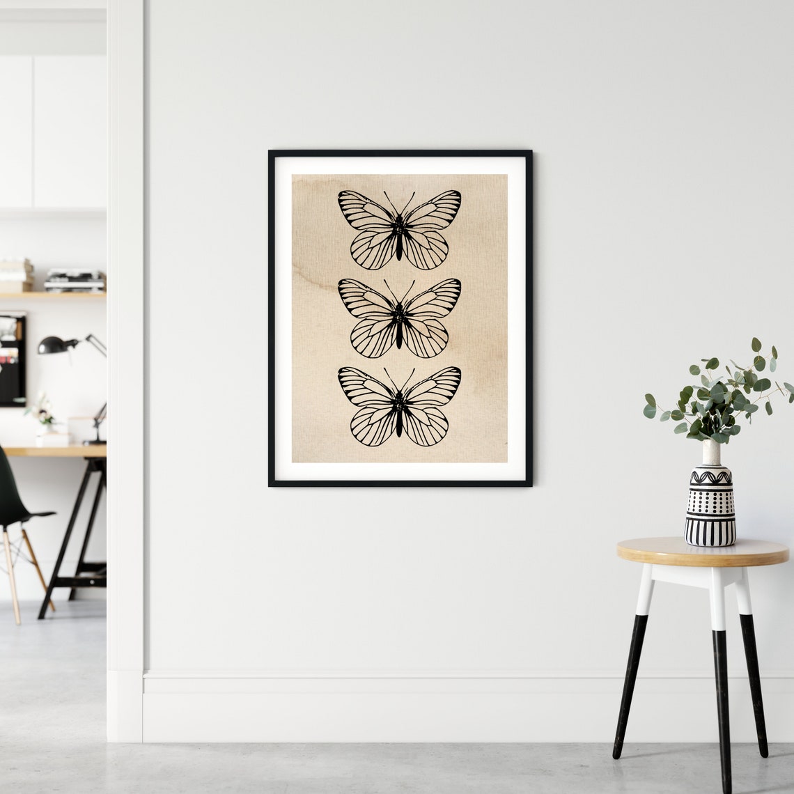 Three Black Butterflies Minimalist Line Art Beige Wall Poster - Image 2