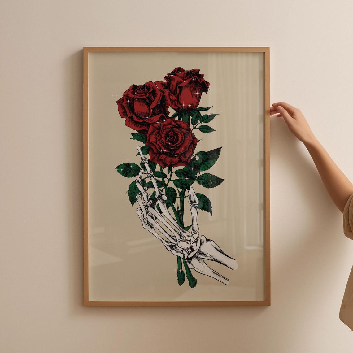 Gothic Skeleton Hand Holding Red Roses Dark Romance Art Poster - Image 4