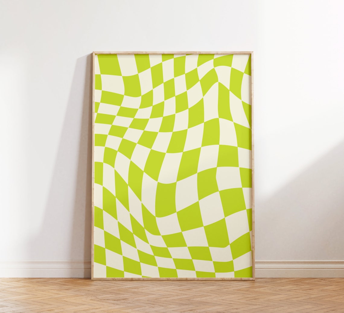 Wavy Lime Green Checkerboard Pattern Bold Retro Groovy Art Poster - Image 3