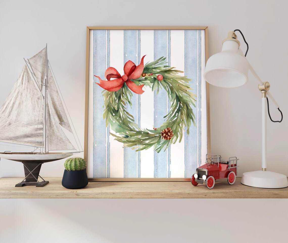 Christmas Wreath Watercolor Red Bow Holiday Season Wall Poster - Image 2