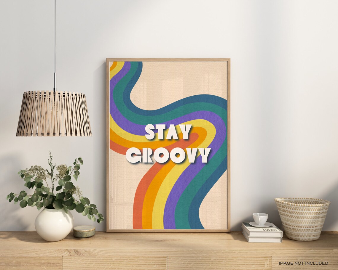 Stay Groovy Colorful Rainbow Wavy Lines Typography Wall Poster - Image 3