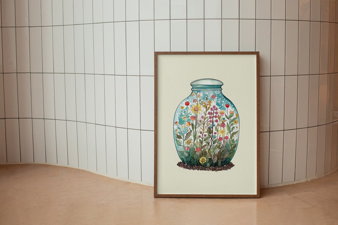 Wildflowers In Glass Jar Watercolor Botanical Terrarium Art Poster - Image 2
