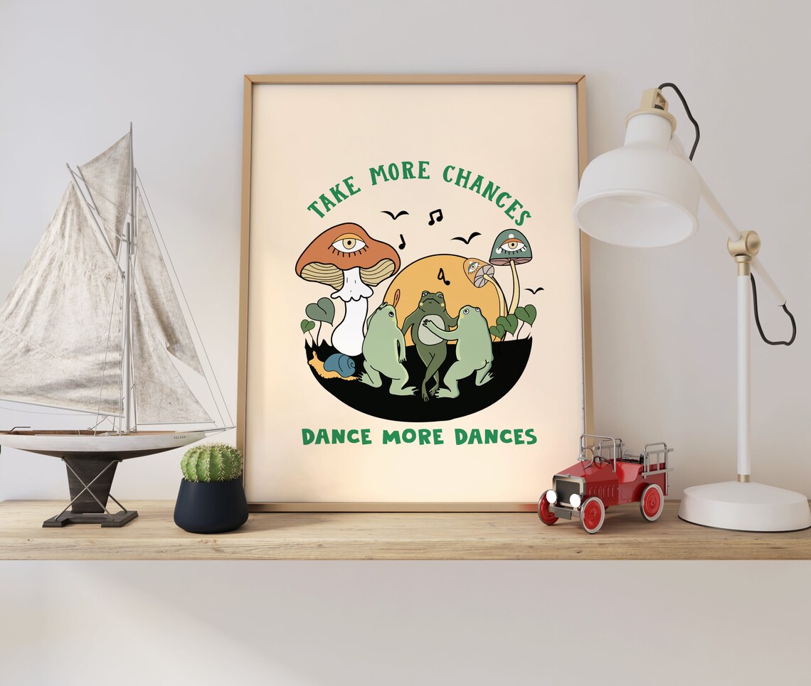 Retro Frog with Vintage Mushroom Illustration Art Print - Image 3