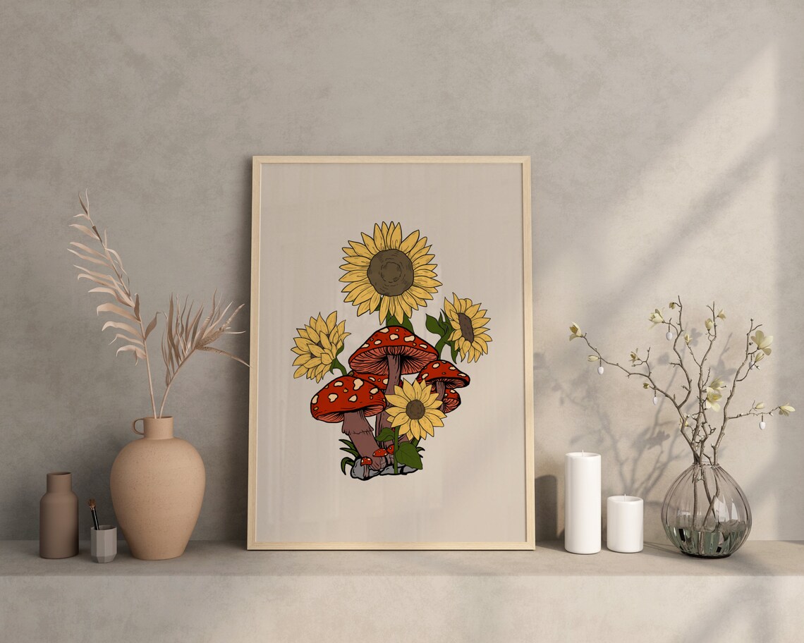 Sunflower Mushroom Retro Art Print, Hippie Decor - Image 4