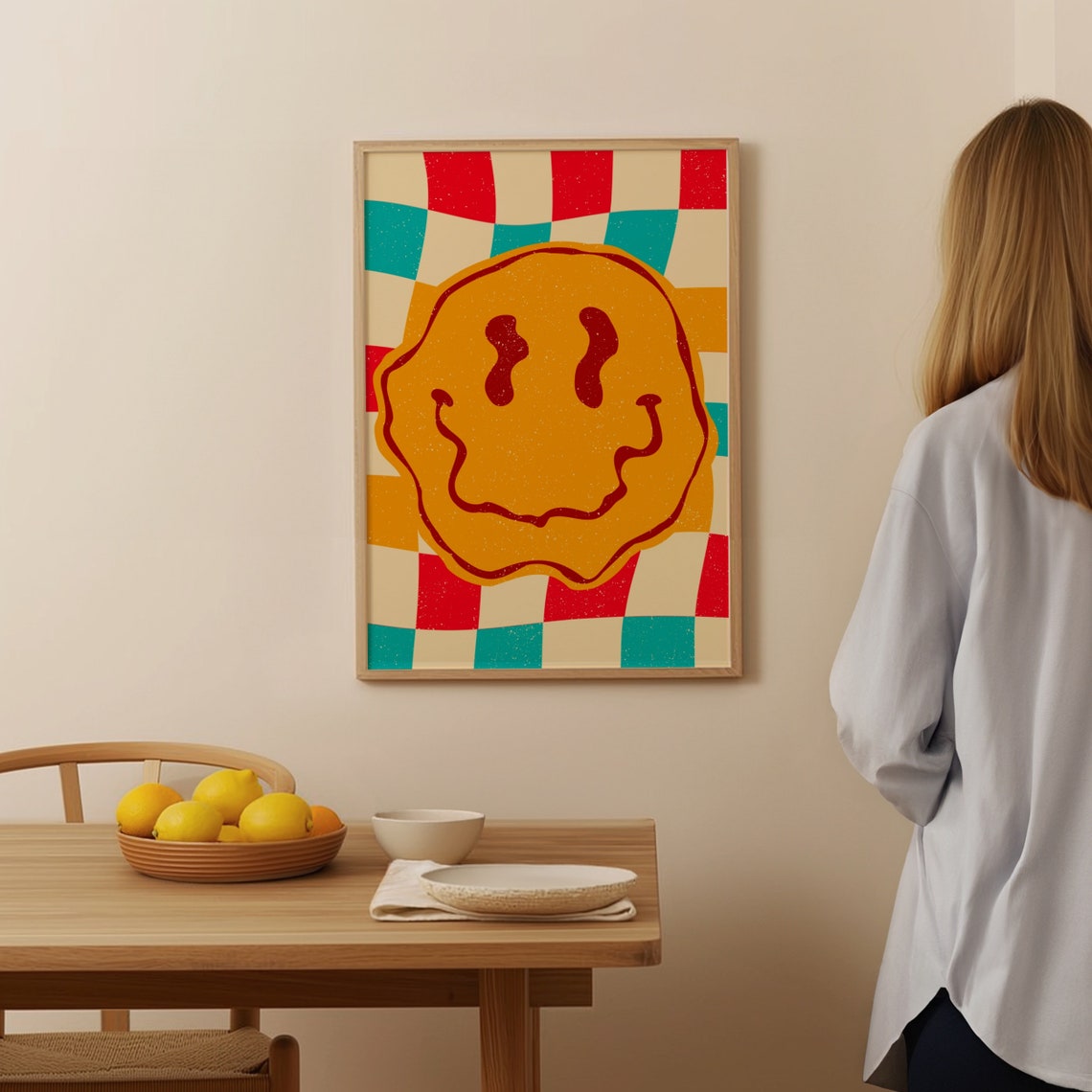 Trippy Melting Smiley Face Retro Checkerboard Pop Art Poster - Image 3