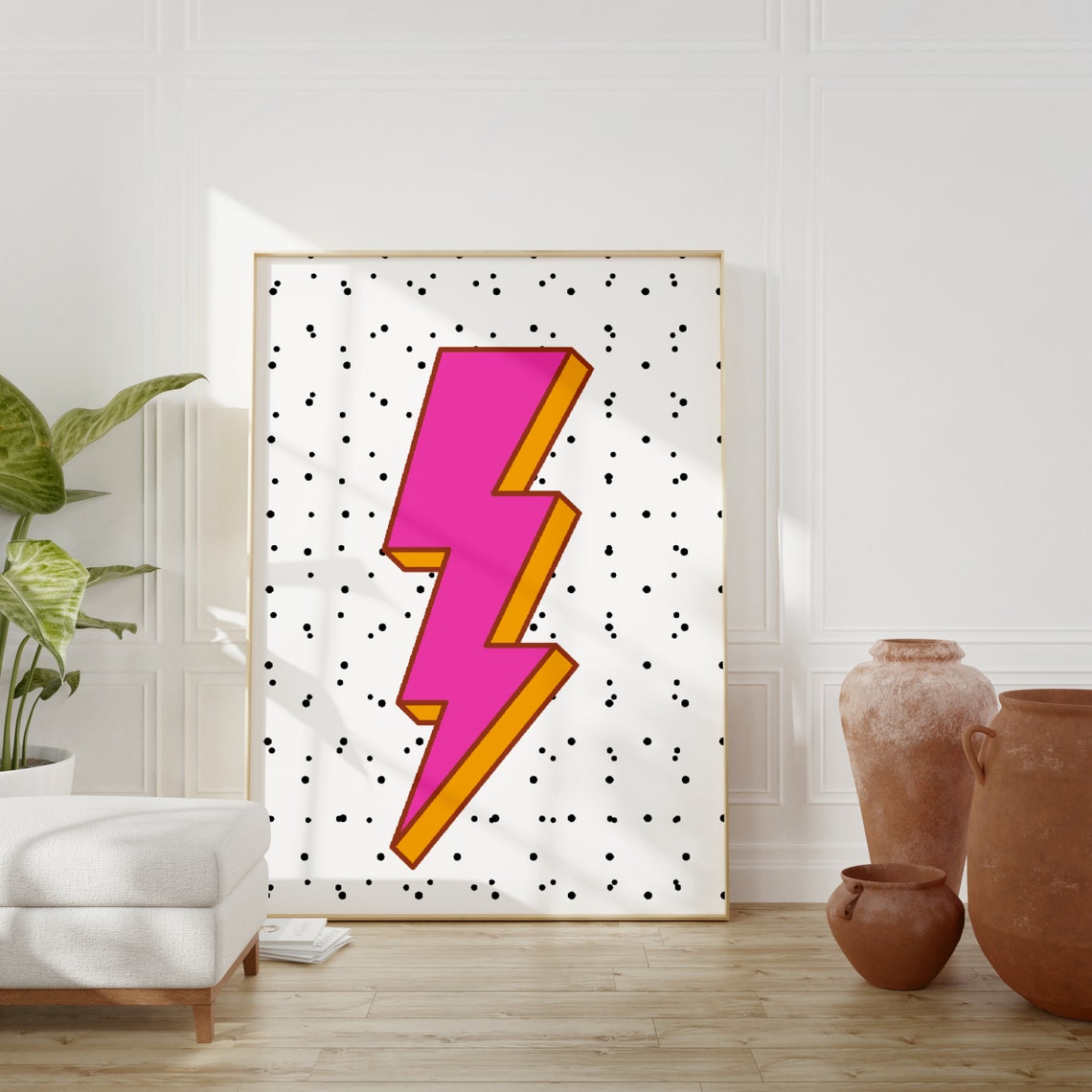 Pink Lightning Bolt Pop Art Retro Preppy Dot Background Art Print - Image 2