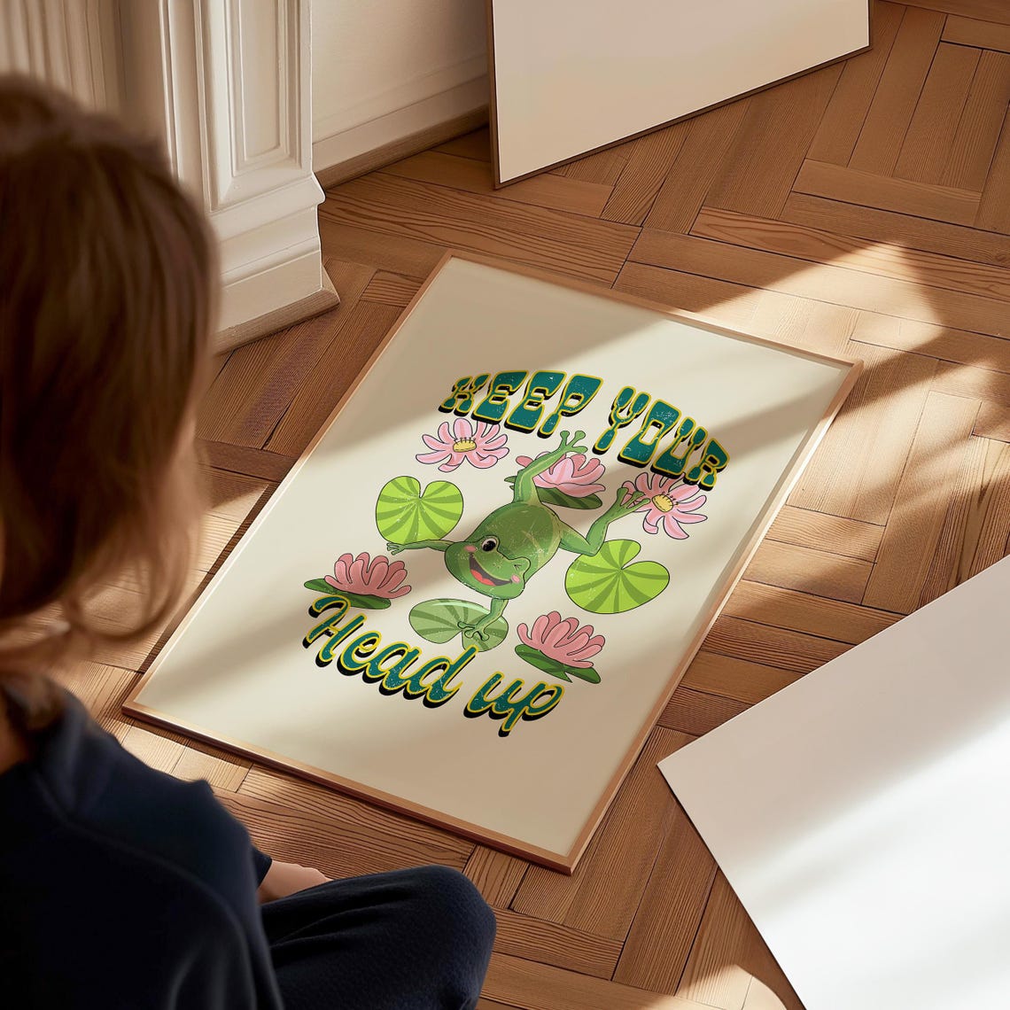 Keep Your Head Up Happy Frog Lily Pad Lotus Retro Quote Poster - Image 3