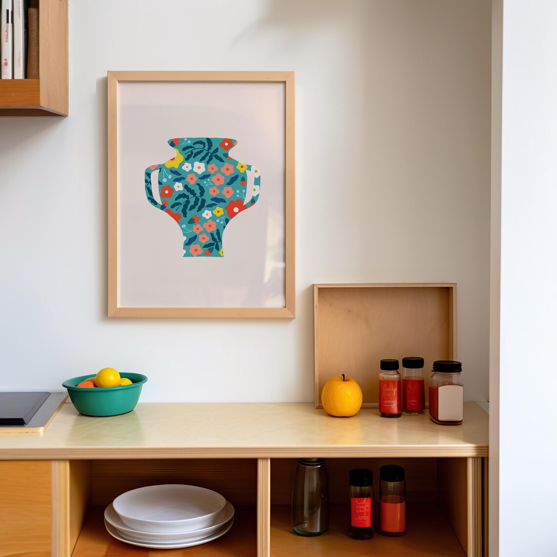 Floral Pattern Teal Vase Retro Botanical Still Life Art Poster - Image 2