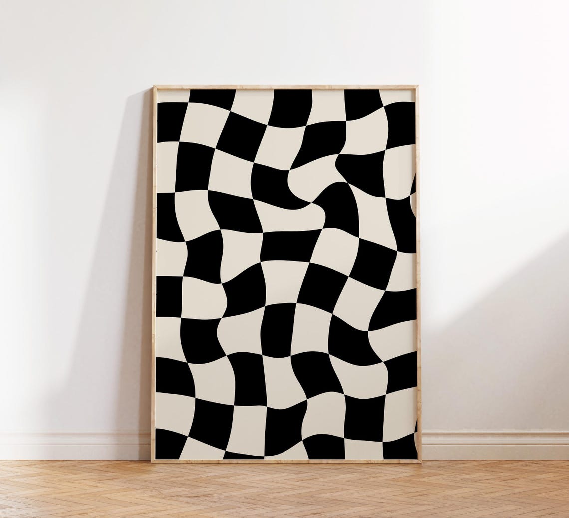 Retro Black And White Wavy Checkerboard Optical Illusion Poster - Image 4