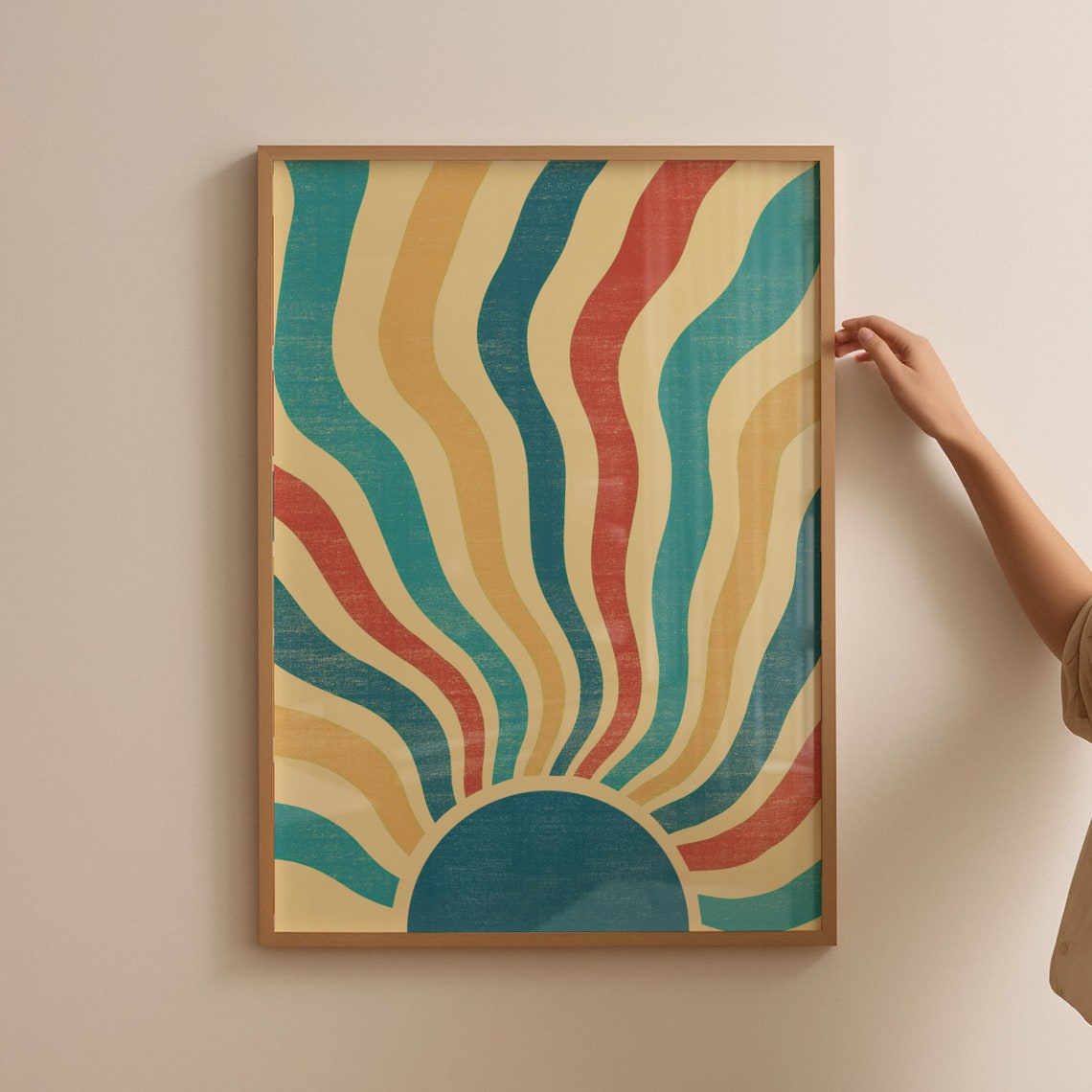 Retro Rising Sun Wavy Sunburst Teal Red Vintage 70s Art Poster - Image 4
