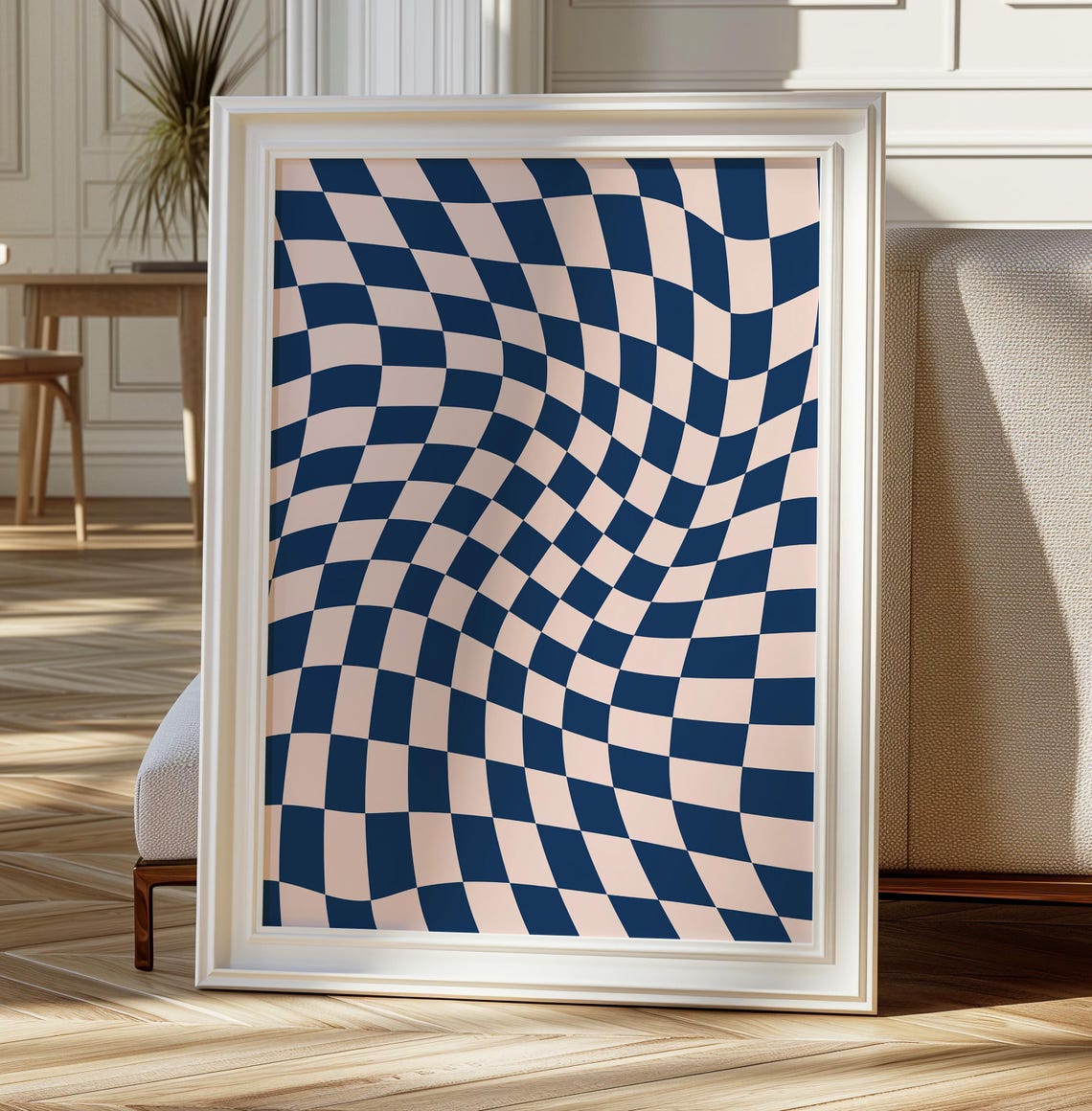Wavy Checkerboard Pattern Navy Blue Blush Retro Abstract Poster - Image 2