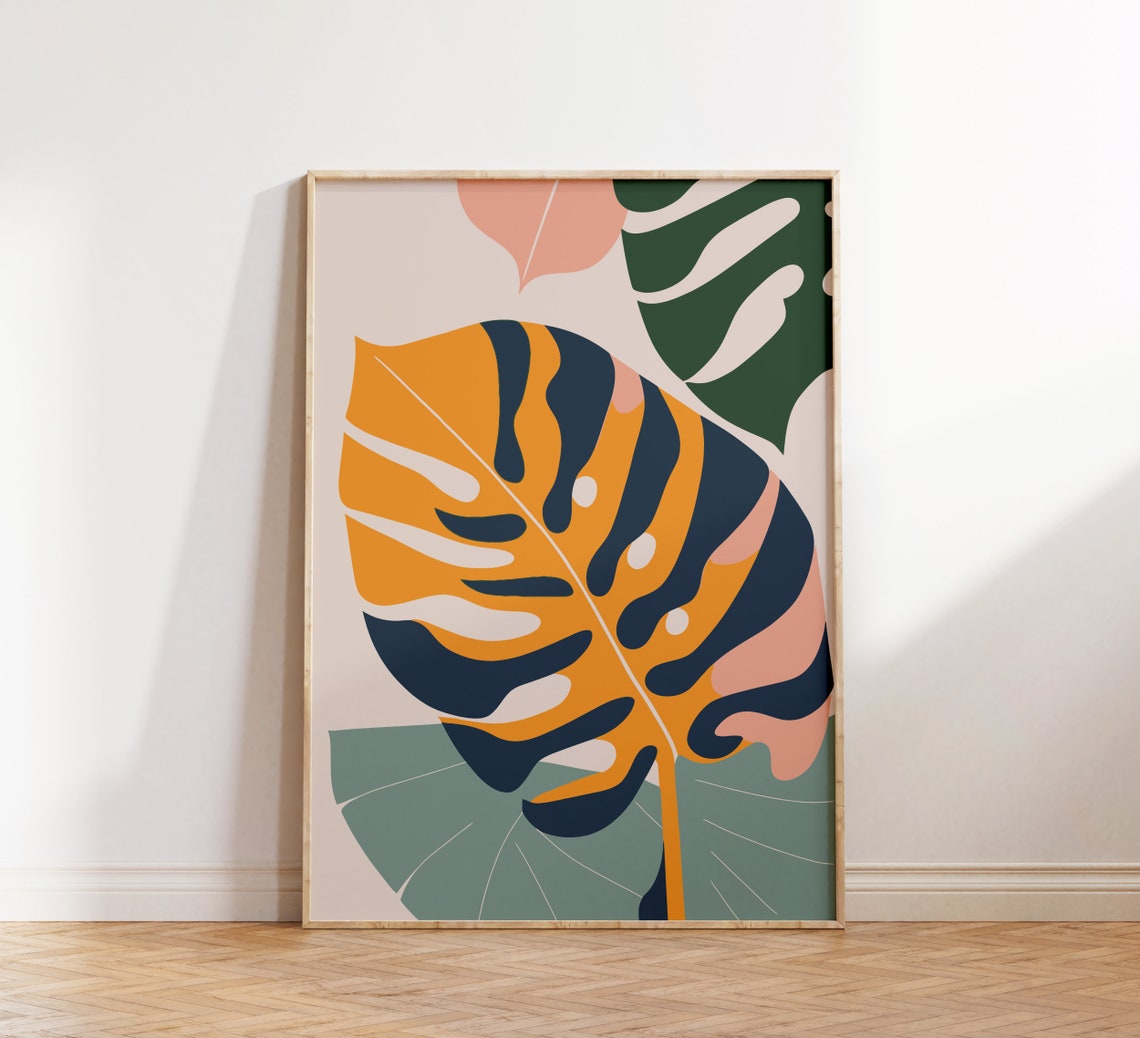 Abstract Monstera Leaves Orange Navy Boho Botanical Wall Poster - Image 2