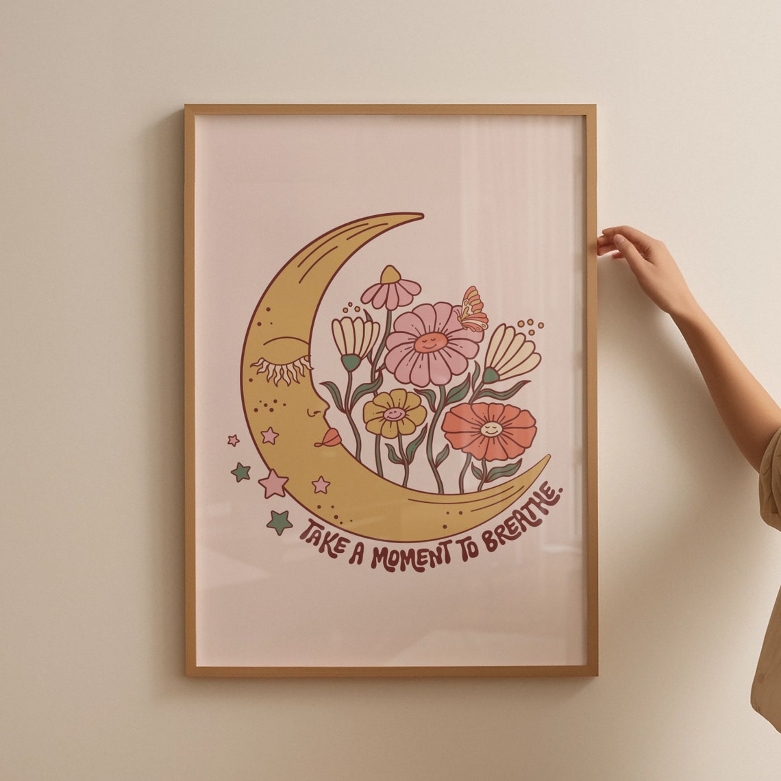 Take A Moment To Breathe Crescent Moon Flower Celestial Quote Poster - Image 3
