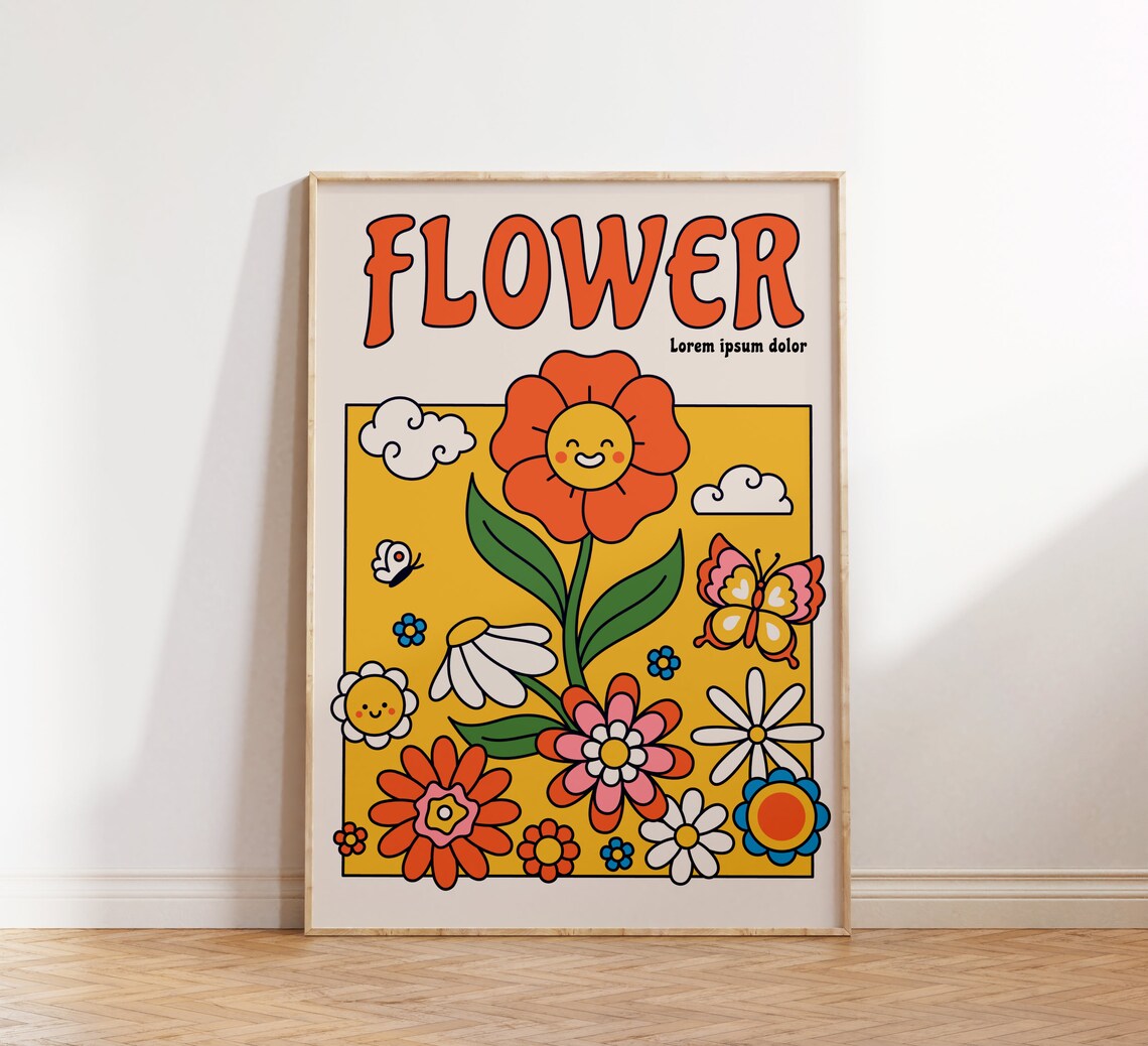 Retro Groovy Flower Print, Hippie Wall Art