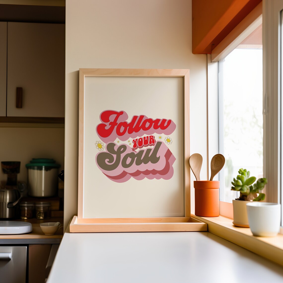 Follow Your Soul Retro Groovy 70s Quote Flower Smiley Wall Poster - Image 3