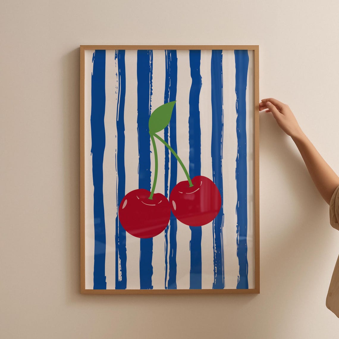 Red Cherries Blue Striped Preppy Kitchen Fruit Pop Art Print - Image 3