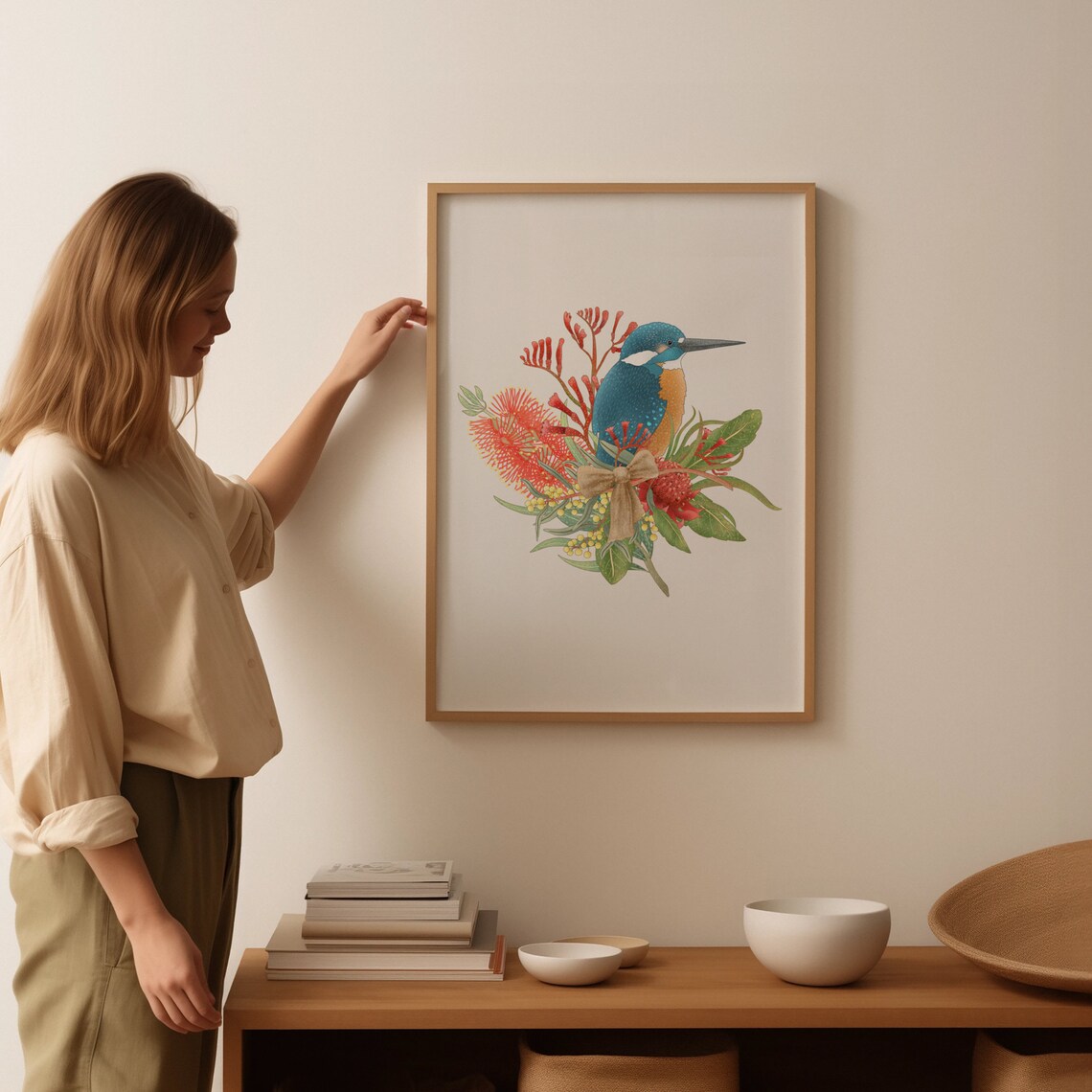 Kingfisher and Australian Native Flowers, Art Print - Image 4