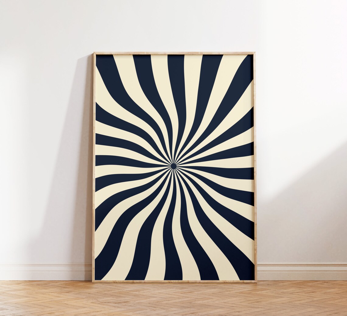 Navy Cream Retro Sunburst Swirl Optical Illusion Abstract Art Print