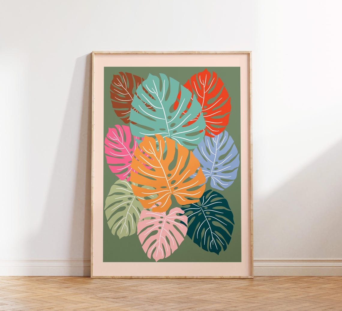 Monstera Leaves Colorful Botanical Tropical Pattern Wall Poster - Image 4