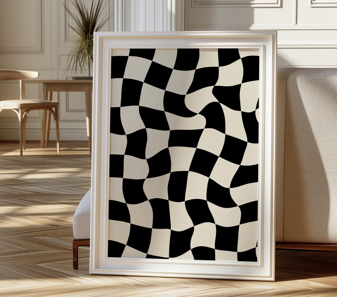 Retro Black And White Wavy Checkerboard Optical Illusion Poster - Image 3