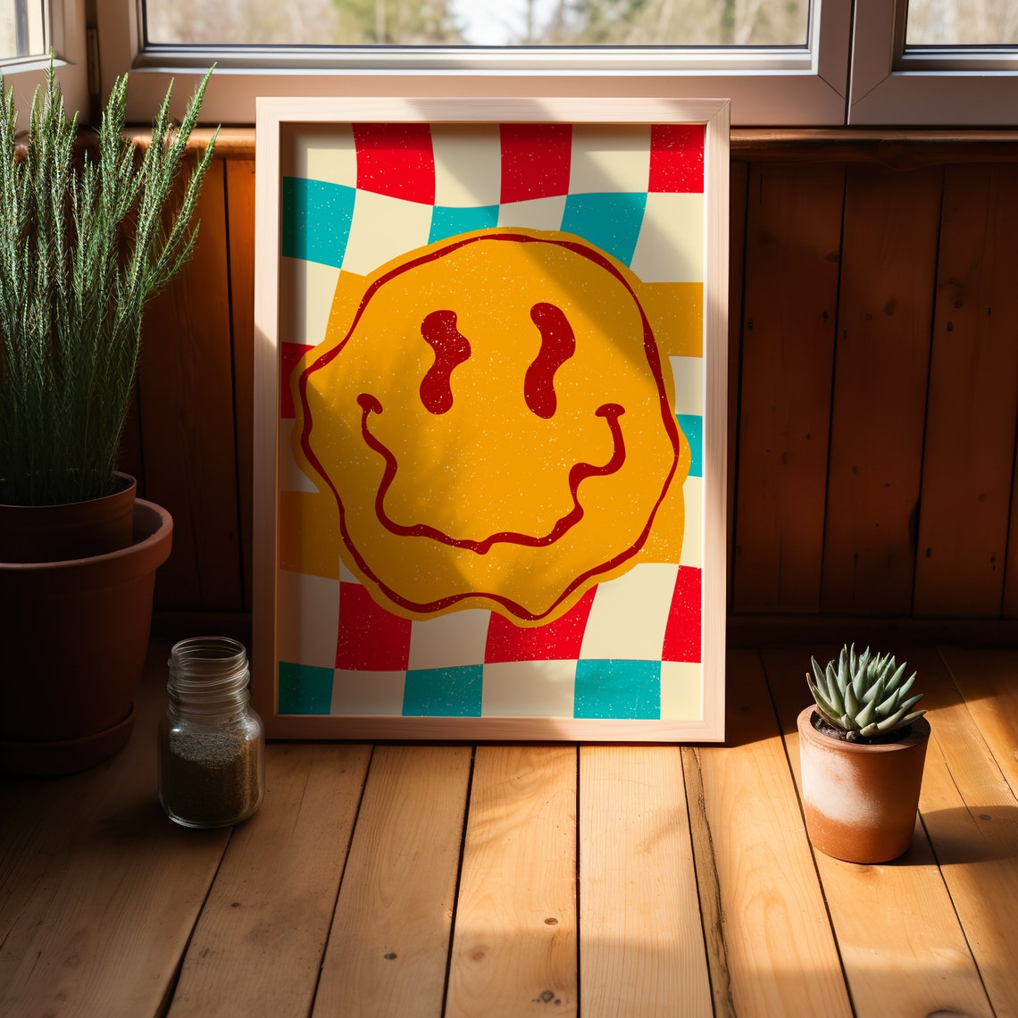 Trippy Melting Smiley Face Retro Checkerboard Pop Art Poster - Image 2