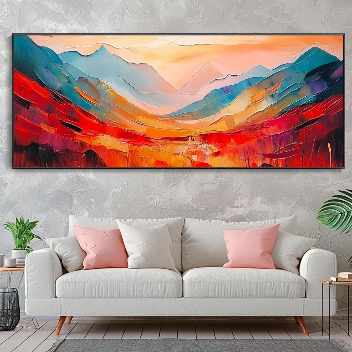 Fiery Red Mountain Valley Abstract Landscape Impasto Oil Wall Art