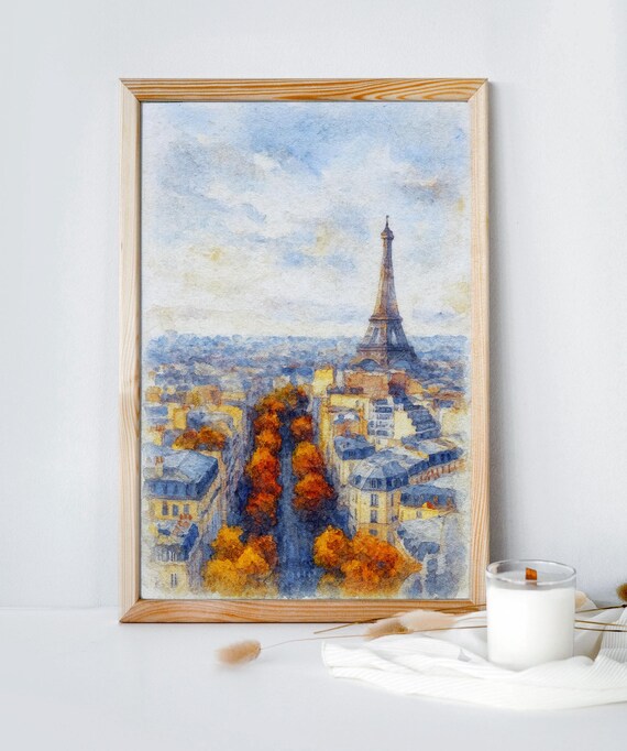 Paris Aerial View Watercolor Eiffel Tower Skyline Wall Art