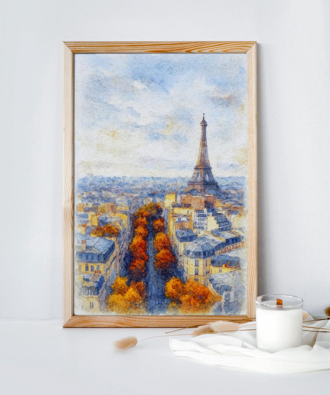 Paris Eiffel Tower Aerial Watercolor Autumn Rooftops City Poster