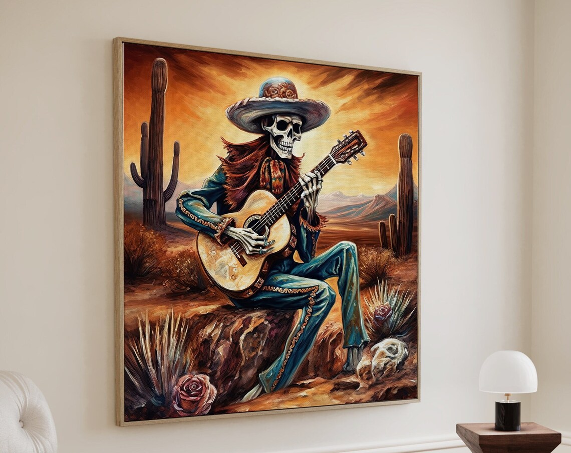 Mexican Cowboy Skeleton Guitarist Art Print, Calavera