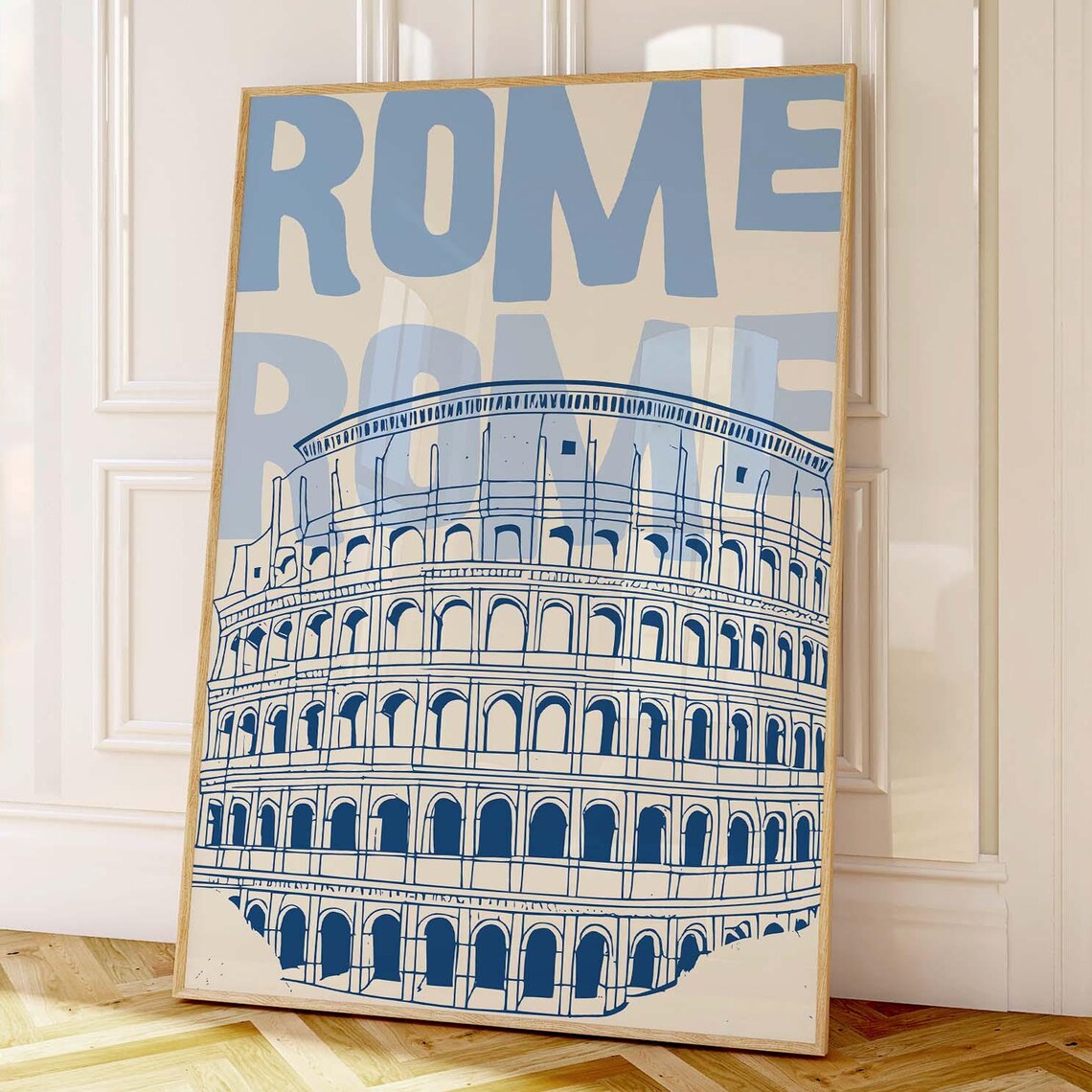 Rome Colosseum Blue Line Art Italy Travel Poster with Typography